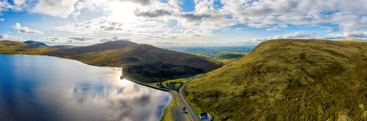 aerial panoramic view of sunset reservoir in mourne mountain area ,Northern Ireland
