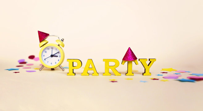 Party greeting poster with yellow alarm clock