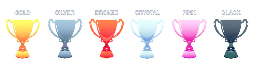 types of cups and prizes gold, silver, bronze, crystal, pink, black cup on isolated background