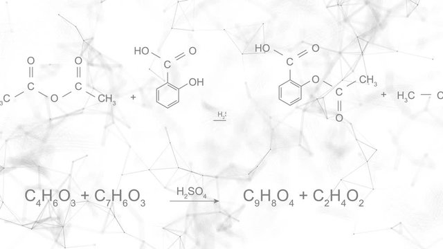 Animation of typing aspirin chemical formula consisting of benzene rings, hexagon in abstract digital space. Seamless loopable background.