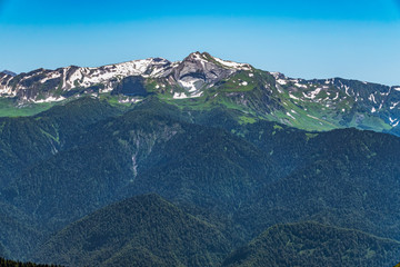 Top view of the mountain range and peaks covered with snow.