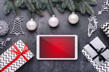 Beautiful celebratory Christmas background. New Year's holidays. Christmas holidays. Beautiful Christmas decorations on the wooden background. Loft style. Mockup