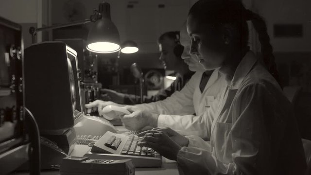 Vintage sci-fi scientists working in a operation room
