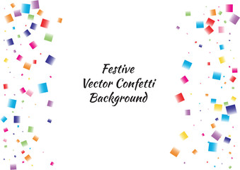 Festive color square confetti background. Abstract frame confetti texture for holiday, postcard, poster, website, carnival, birthday, children's parties. Cover confetti mock-up. Wedding card layout