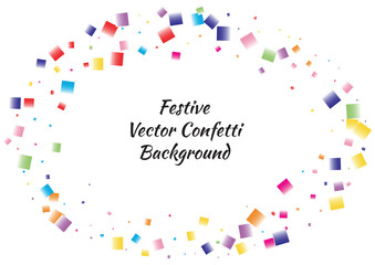 Festive color square confetti background. Abstract frame confetti texture for holiday, postcard, poster, website, carnival, birthday, children's parties. Cover confetti mock-up. Wedding card layout