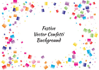 Festive color square confetti background. Abstract frame confetti texture for holiday, postcard, poster, website, carnival, birthday, children's parties. Cover confetti mock-up. Wedding card layout