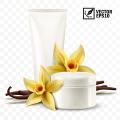 Obraz na płótnie Canvas 3d realistic isolated vector mockup, jar and tube with cosmetic cream, yellow vanilla flowers and sticks