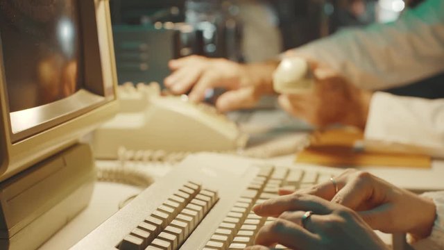 Vintage sci-fi scientists working in a operation room