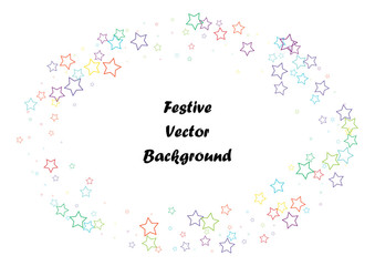 Festive colorful star confetti background. Abstract frame confetti texture for holiday, postcard, poster, website, carnivals, birthday and children's parties. Cover confetti mock-up. Wedding card