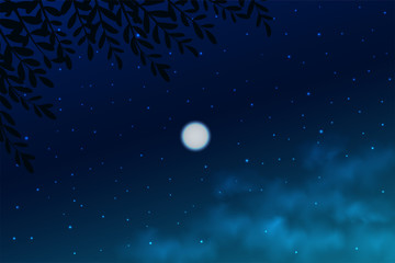 Night sky background. Tops view trees with depth of field moon on sky and cloud.
