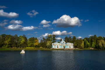 Autumn landscape with a lake and a Palace. Russia. Catherine park
