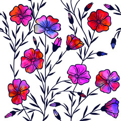 Seamless pattern, eps10 vector illustration. Flax flowers. hand drawing