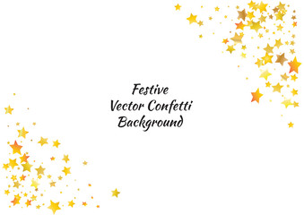 Festive glitter gold star confetti background. Abstract frame confetti texture for holiday, postcard, poster, website, carnivals, birthday and children's parties. Cover confetti mock-up. Wedding card