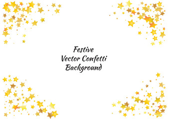 Festive glitter gold star confetti background. Abstract frame confetti texture for holiday, postcard, poster, website, carnivals, birthday and children's parties. Cover confetti mock-up. Wedding card
