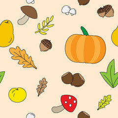 Seamless Background with Fall leaves, fruits and Mushrooms