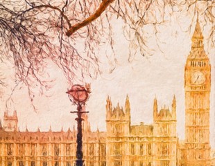 Obraz premium Oil painting modern art London, England. Wall poster and canvas contemporary drawing print. Touristic postcard and stationery design artwork. Europe beauty travel scene, historical buildings and place