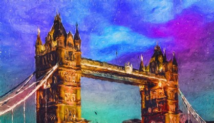 Oil painting modern art London, England. Wall poster and canvas contemporary drawing print. Touristic postcard and stationery design artwork. Europe beauty travel scene, historical buildings and place © Katsiaryna