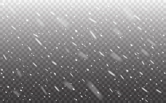 Snow background. Snowfall realistic on transparent backdrop. Snow template with defocused flakes. Christmas texture isolated on dark. Winter concept. Vector illustration