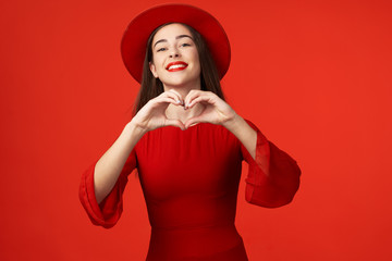 Cheerful woman red dress