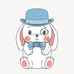 Cute baby rabbit boy gentleman with bowler hat, monocle, bow tie. Cartoon vector illustration