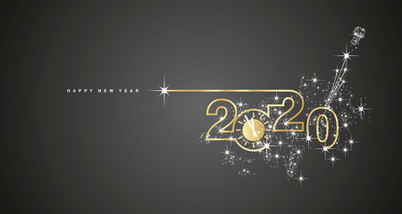 New Year 2020 line design gold clock sparkle firework champagne white black vector