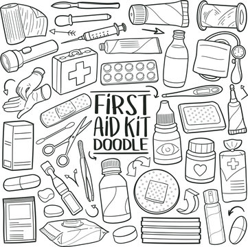 First Aid Kit. Medical Set. Traditional Doodle Icons. Sketch Hand Made Design Vector Art.