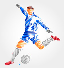 Goalkeeper running to kick the ball away, made in blue and grayscale brush strokes on light background