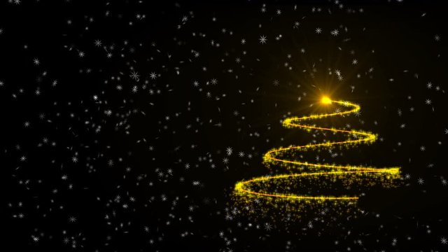 Shining Christmas tree rotating on a black background. Merry Christmas and Happy New Year from snowflakes on a black background.