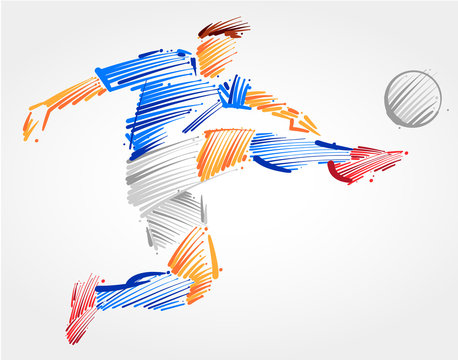 Soccer player flying to kick the ball made of blue and grayscale brush strokes on light background