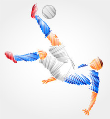 Soccer player trying to kick the ball made of blue and grayscale brush strokes on light background © dimiSantos