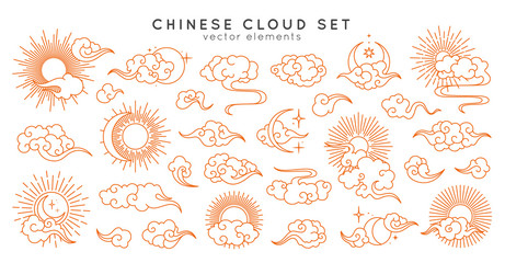 Asian cloud set with moon, sun and stars. Vector collection in oriental chinese, japanese, korean style. Line hand drawn illustration isolated on white background. Retro elements set.