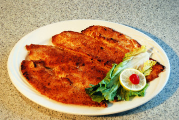  Plate of broiled flounder usually served in a diner or restaurant