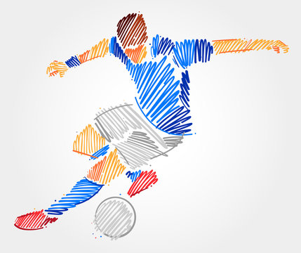 Soccer player making a sharp move to catch the ball. Simple drawing with blue and grayscale outlines in sketch-shape on light background.