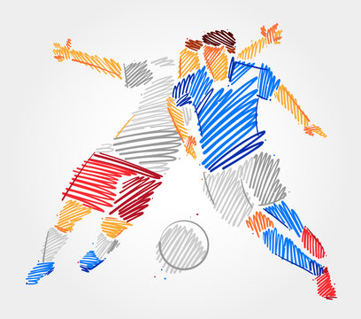 Two soccer players fighting over the ball. Simple drawing with blue and grayscale outlines in sketch-shape on light background