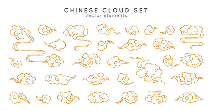 Asian cloud set. Traditional cloudy ornaments in chinese, korean and japanese oriental style.  Set of vector decoration retro elements. Sky collection isolated on white background.