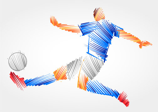 Soccer player stretching the body to dominate the ball made of blue and grayscale brushstrokes on light background
