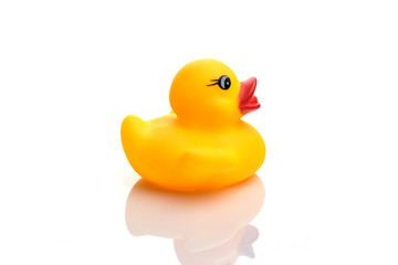 Rubber duck. Yellow plastic toy for bathroom. Ducky background