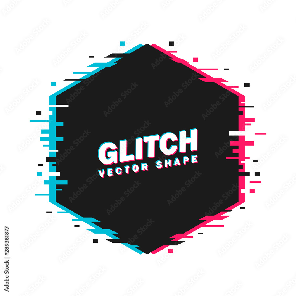 Poster geometric hexagon banner with glitch effect and shining lights. vector illustration. white backgroun