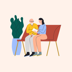 Young woman helping old man with planning. Woman and elderly man sitting on bench looking on paper. Trouble with planning as an Alzheimer's symptom. Flat vector illustration