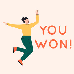 Woman jumping in excitement with words you won near her. Congratulations banner. Flat vector illustration
