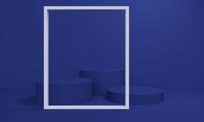 Blue geometric abstract background with a cylindrical podium and a light frame. 3d rendering © Marharyta Pavliuk