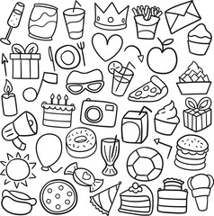 Birthday Party Icons. Traditional Doodle Drawn Sketch. Hand Made Design Vector.  