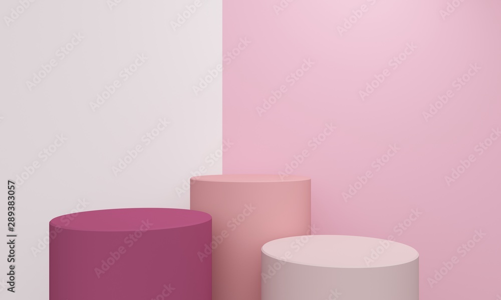 Poster geometric abstract background with a cylindrical pink podium. 3d rendering