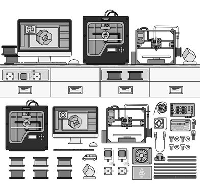 Equipment for 3D printing tools. Line monochrome style vector illustration