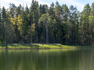 Wonderful scenery with a lake on a sunny summer day, tree silhouettes, blue skies with clouds...
