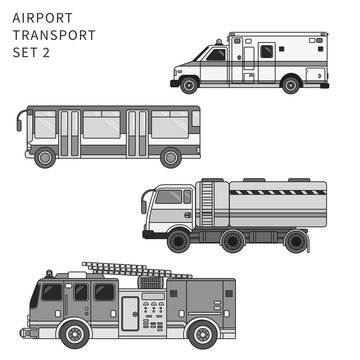 Different airport transport isolated on white. Line monochrome vector illustration.