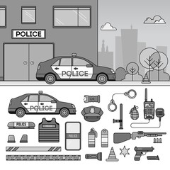 Police car near police department. Line monochrome vector illustration.