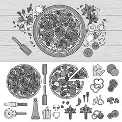 Tasty pizza on wooden table. Line monochrome vector illustration.