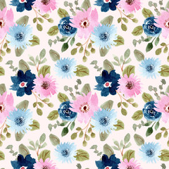 blue pink floral watercolor seamless pattern