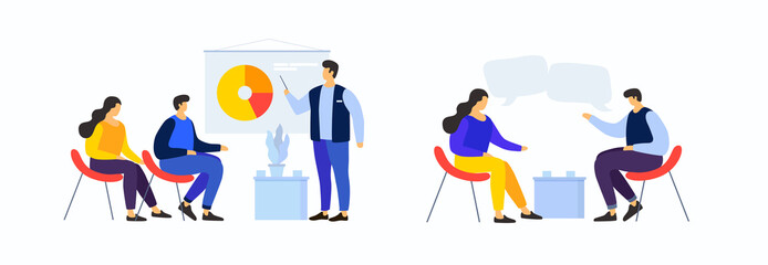 Cartoon people in team are looking at pie chart. Workflow management, data analysis and training. People discuss business strategy,  joint project.  Meeting business people. Vector flat illustration.